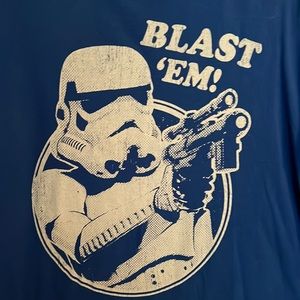 Star Wars blue size large T-shirt with Storm Trooper design saying BLAST EM!